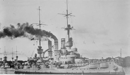 The German Imperial Navy Deutschland-class battleship SMS Schlesien. Unknown date (but before 1914)