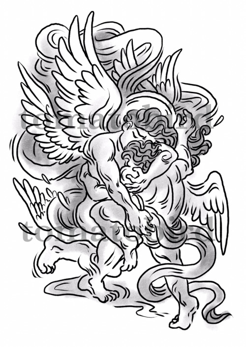 Jacob Wrestling with God (Tattoo design commission)[ID: two figures wrestling, their arms wrapped ar