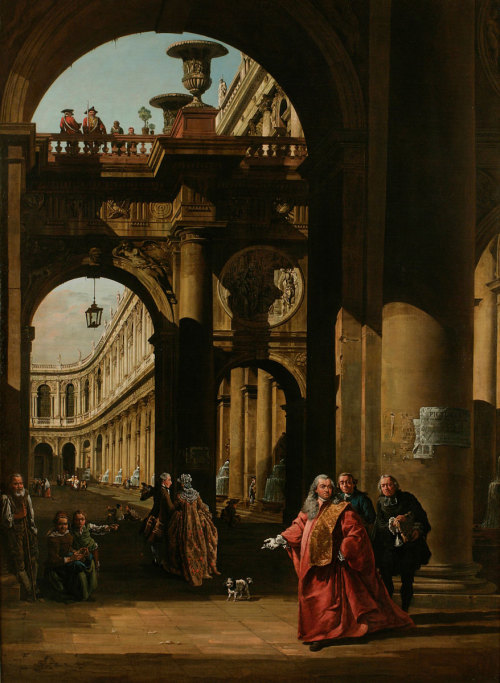 “Architectural Capriccio with a Self-Portrait of Bellotto in the Costume of a Venetian Nobleman”, 1747, Bernardo Bellotto.