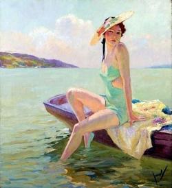 jeannepompadour:  Woman in a bathing suit by Edward Cucuel (1875-1954) 