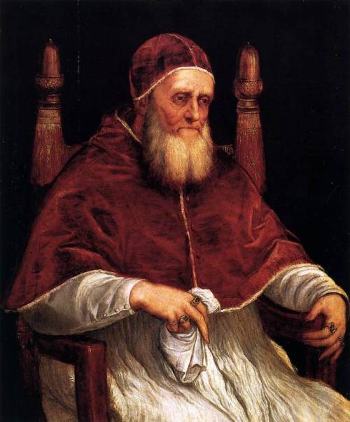 zsnes: artist-titian: Portrait of Pope Julius II via TitianSize: 82x99 cmMedium: oil, board that fee