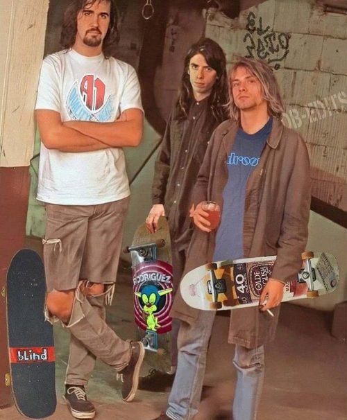 skateboardermemes:Via Rudy Johnson. #skateboarding #nirvana #kurtcobain #davegrohl #kristnovoselic #