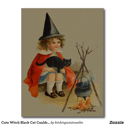 Cute Witch Black Cat Cauldron Fire Postcard - $1.10 Made by Zazzle Paper Vintage Halloween print htt