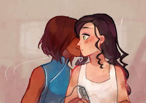 walkingnorth-art:  Headcanon: Asami’s been pining over Korra for so long that it takes her a while to stop freaking out every time Korra casually displays her affection. Korra thinks this is hilarious. 