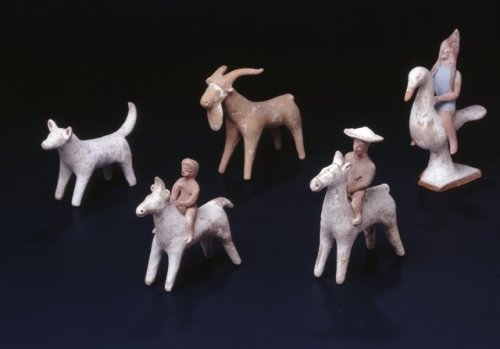 ancientanimalart:Terracotta figurines (horses, goat, dog, bird), some with ridersca. 500 BCEBoeotia 