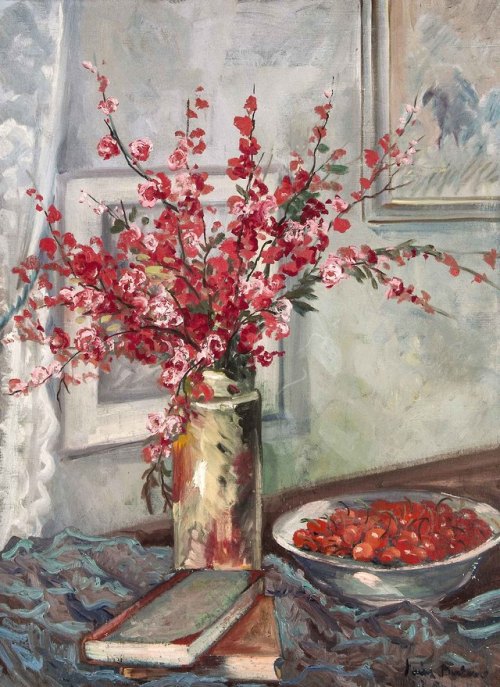 Still life with Japanese cherry blossoms and cherries   -   Heinz Baden German. 1887-1954Oil on canv