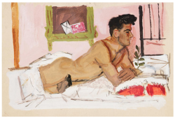 desimonewayland:   					Yannis Tsarouchis (Greek 1910-1989)  Male nude reclining on a bed gouache on card via: Bonhams 