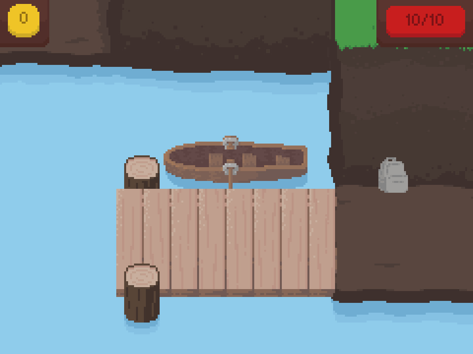 A screenshot from Traversal of a boat in the water by a dock. A light grey backpack sits against a dirt wall beside the dock.