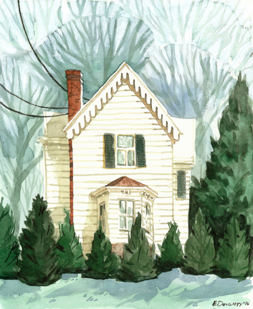 Two house portraits: mom & dad’s childhood homes in WI and NY respectively. Watercolor on arches