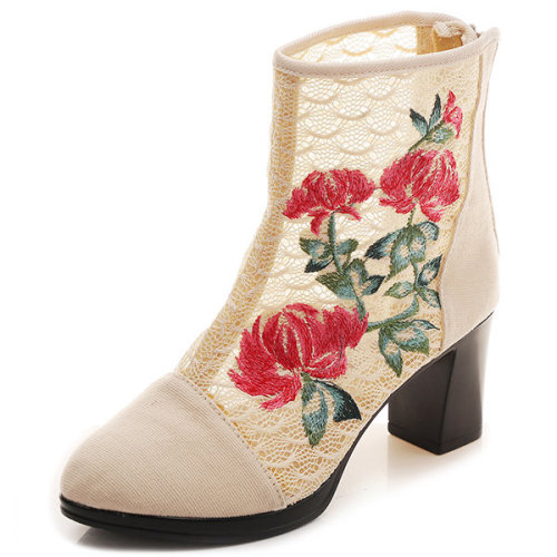 colorfultimetravelbeard: Large Size Women Pointed Toe Embroidered Lace Up Block Heel Short Boots&nbs