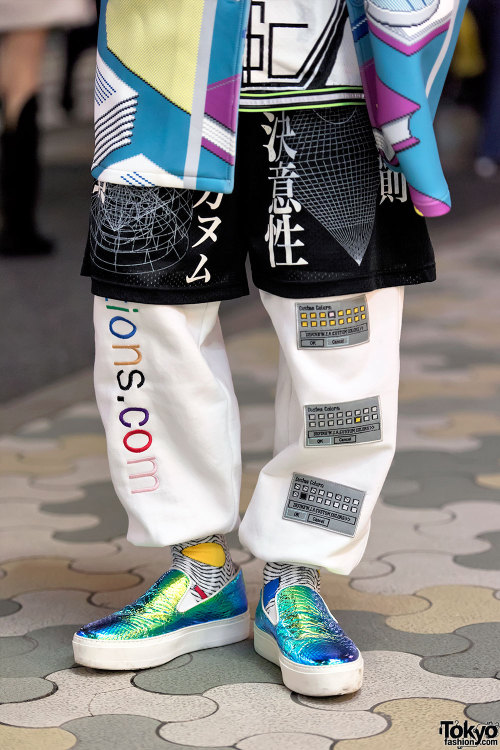 Tsukasa on the street in Harajuku wearing a Windows Explorer computer print jacket by Tyakasha with 