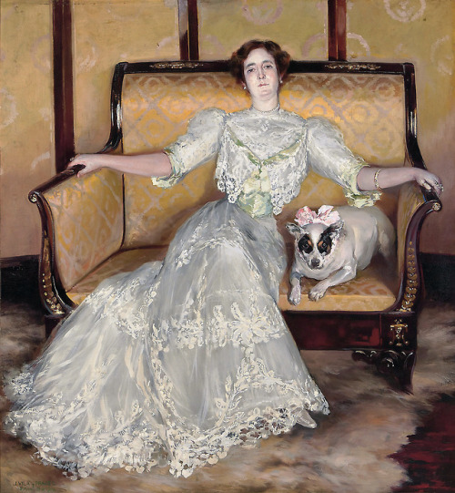 Portrait of a lady with a dog by Julio Vila y Prades, 1905