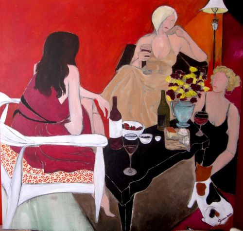 Women with Wine No. 2, -  Gannon WeeksAmericanAcrylic and charcoal on canvas 48"x48" 