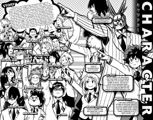 saisai-chan:  Anyway, can we just appreciate how every character page in the volumes are all completely different i think my favorites are the second one, where all Might, Izuku and Bakugou are doing some kinda weird dance thing (and idek what Aizawa