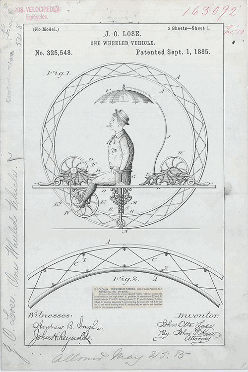 todaysdocument:  Velocipede to Work Day!  Patent Drawing for J. O. Lose’s One Wheeled Vehicle, 09/01/1885  It’s a wet #BikeToWorkDay in Washington, DC, but luckily J.O. Lose’s patented one-wheeled velocipede is equipped with an umbrella! Penny-farthing?