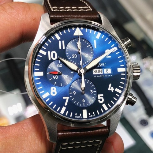 Men&rsquo;s Stainless Steel IWC Pilot Midnight 43 mm Chronograph Blue Dial Watch Brown Leather S