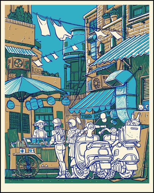 Lunch BreakVietnam on Wheels part III Artist: Tim DoyleHand printed silkscreen3 color on creme pap