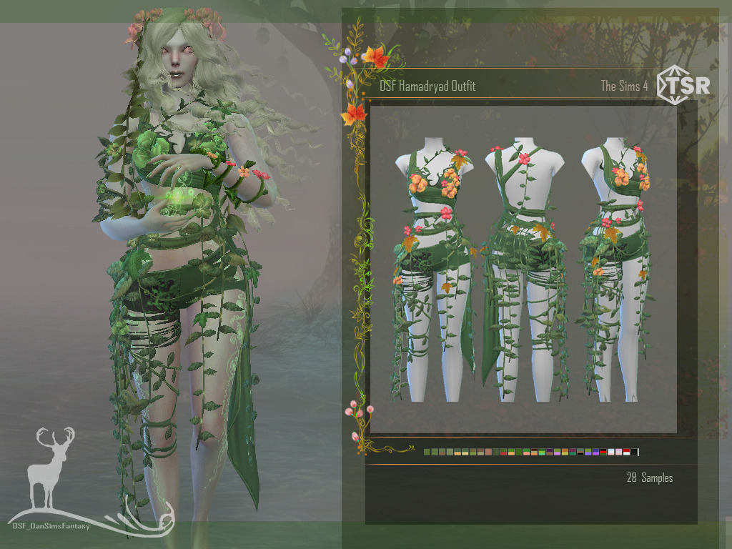 An elven sim in sims 4 clad with a loose outfit with leaves and flowers. 