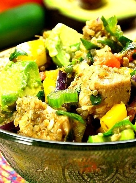 Mexican Chicken Quinoa Salad
Chicken, quinoa, avocado, and jalapeno peppers are tossed with salsa in this hearty and easy Mexican quinoa dish. ½ yellow bell pepper chopped, 2 stalks celery chopped, 1 cup water, 1 avocado peeled and chopped, ½ red...