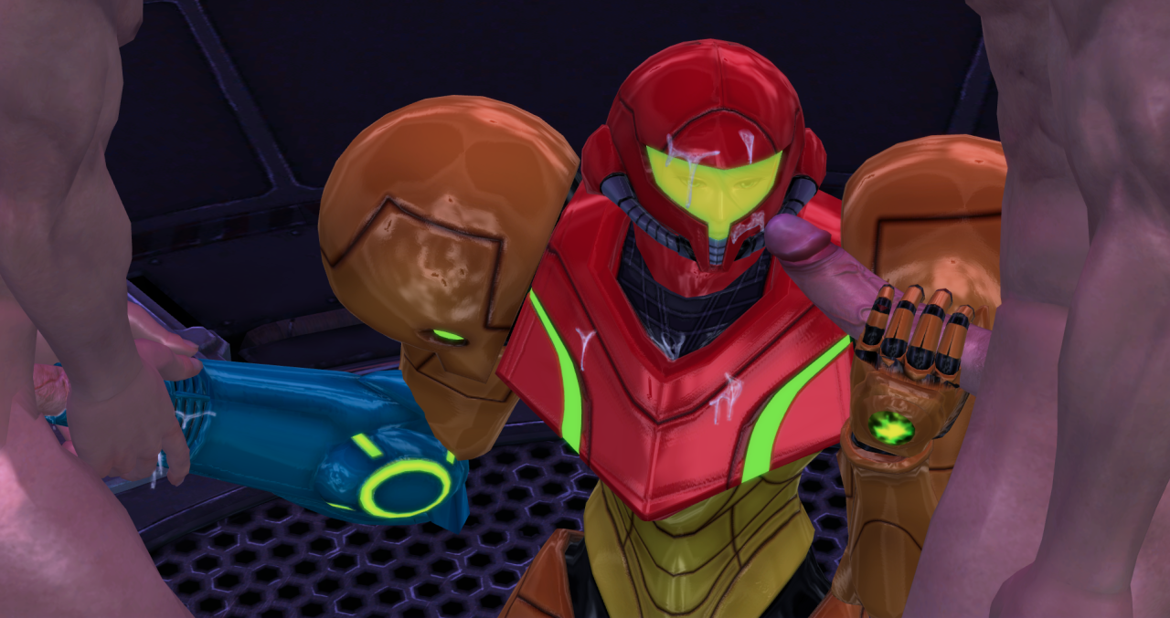 snow-kitsunes-den:  Samus Aran in her Variasuit pleasing a few guys. Art trade with
