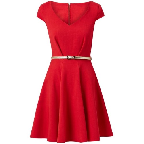 Closet Red V Neck Cap Sleeve Belted Skater Dress ❤ liked on Polyvore (see more red holiday cocktail 