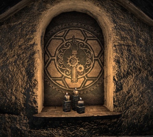 playingforpix:Prayer nooks in a Dunmer mansion honoring the Tribunal (Sotha Sil, Almalexia, and