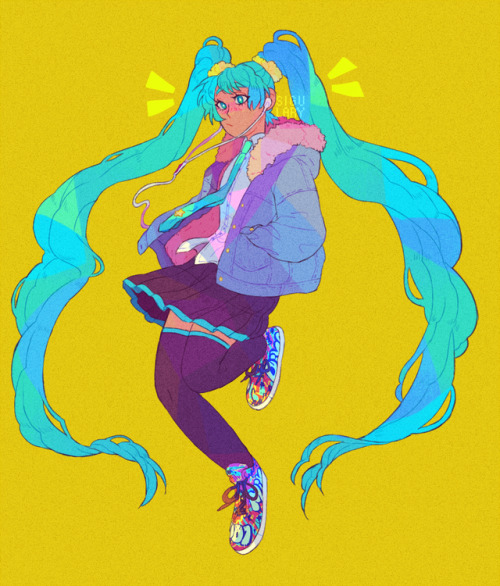 infernallegaycy:sigulary:Some Miku for the soulBonus!!![id: an illustration of miku against a yellow