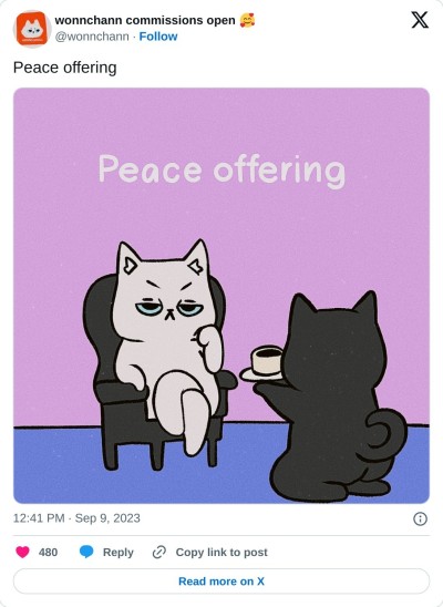 Peace offering pic.twitter.com/Sg4vv2BUwt

— wonnchann commissions open 🥰 (@wonnchann) September 9, 2023