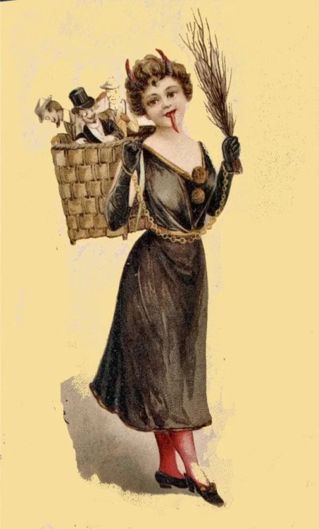 scurybooween:German Christmas cards depicting a female Krampus that punishes bad men (1920s)