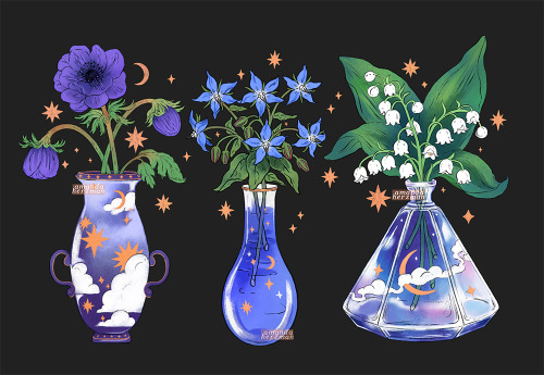 three vases - windflower, starflower and lily of the valley instagram / twitter / patreon