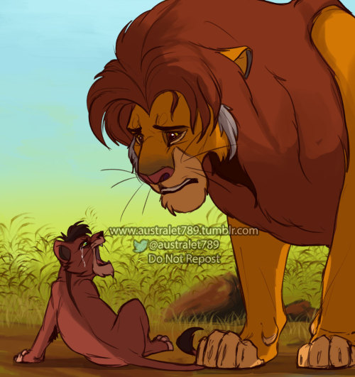 australet789:

“Let me go!” Yelled the cub between sobs. “I got it, ok? I’m not going to turn into Scar, so you can stop forcing yourself to spend time with me!”“Moyo…that’s not…”“Leave me alone, grandpa!”Moyo loves to spend time with his grandfather. But the more he grows, the more the whispers that he looks like Scar increase. At first he dismisses them, but later he has been hearing, from some adults and some other cubs, that Simba only spends time with the cub to prevent Moyo to turn into Scar. That, obviously, is very far from the truth, but Moyo is hurt by those comments and decides to confront Simba himself during one of their early walks. The old lion isnt expecting that from his grandson, specially since he had been trying to show the cub how much he loved him and he didnt care how Moyo looks like. Simba made that mistake with Kovu and almost costed his family, he wasnt going to let that happen again. But the abrupt accusation makes Simba freeze and that silence is taken wrongly by Moyo.The old king is left heartbroken while he sees his grandson running away from him. #self reblog #in case you missed it
