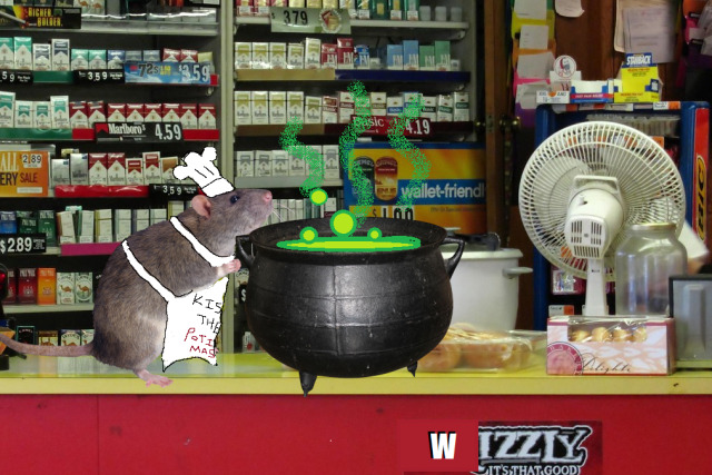 (As you pass through the automagic doors of The Wizard Hut, a pungent smell visibly wafts towards you. You see Terry, standing beside a cauldron on the counter, tending to a potion base.)

“Hey bud, Shitty Doug’s on break, and I’m on Potion Duty until he gets back. What can I brew for ya? We’ve got a special on custom potions today, free with the purchase of any participating Jerky brands. Although we’re a little light on ingredients, I can whip somethin’ up for ya no problem.”

(It seems Terry’s intent on selling you a potion. What do you do?)[id: a store counter with a gray rat and a black cauldron photoshopped on. The rat is wearing an apron that says “Kiss the Potion Master” and a chef’s hat, both poorly drawn. The cauldron has visible stink lines and bubbling green liquid, poorly drawn. The counter says “Wizzly it’s that good” and has a fan, donuts, an empty jar, and a rice cooker on it. Behind the counter are shelves full of various cigarette boxes. There is a container of Bic lighters. /end id] #wizardblr#wizard posting #gas station for wizards #potion#rat