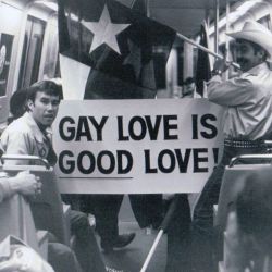 lgbt-history-archive:“GAY LOVE IS GOOD LOVE,” members of the Texas delegation take the D.C. Metro toward the National March on Washington for Lesbian and Gay Rights, Washington, D.C., October 14, 1979. Photo by Joel Rinne &amp; Earl Colvin. #lgbthistory