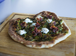 fattyland:  Cooked Pizza with homemade Pesto Genovese, Goats’ Cheese and Prosciutto by mickeynp on Flickr. 