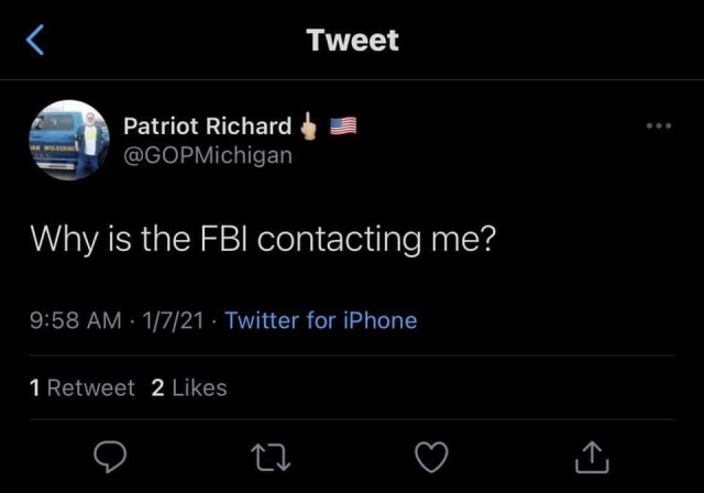 Patriot Richard on Twitter wondering why the FBI is contacting him. 