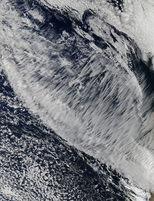 Cirrus clouds off the Chilean coastSeveral layers of clouds are visible at different altitudes in th