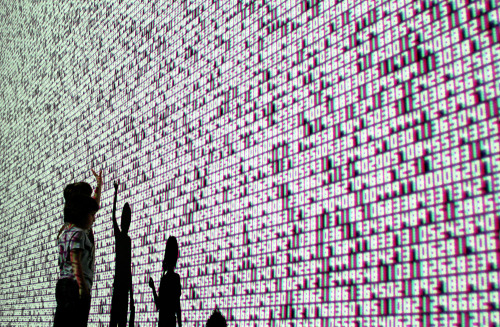 monochrome-princess:  Ryoji Ikeda - The Transfinite (2011) “A huge, immersive, electronic light-and-sound installation consisting of an immense wall — 54 feet wide by 40 feet tall — which serves as a screen for streaming video projections.  On