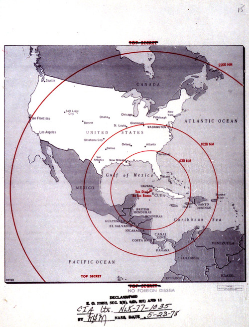 time-for-maps:  Map used during the secret meetings on the Cuban Missile Crisis - shows the full range of the missiles being made in Cuba (October, 1962) 