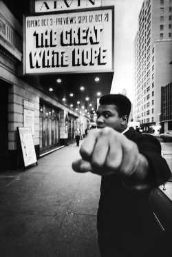 vintagegal:  Boxing champion Muhammad Ali posing in front of the Alvin Theater during production of play “The Great White Hope”, NY, 1968. Photo by Bob Gomel (via) 