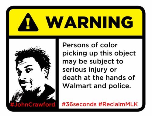 fergusonresponse:  CLICK HERE TO DOWNLOAD THE STICKER IMAGE Protesters have been sticking this image on items in Walmarts - to protest the killing of John Crawford.  