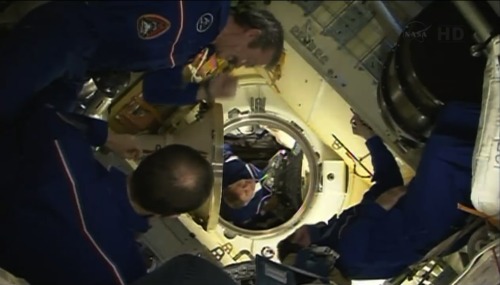 shuttleisland:fyeahcosmonauts:The hatches have now opened and all six are on board. Chris Cassidy wo