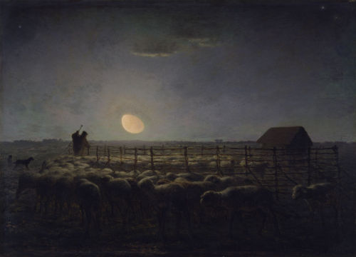 The Sheepfold, Moonlight   -   Jean-Francois Millet    1856-60French 1814-1875Oil on panel  ,  45.3 