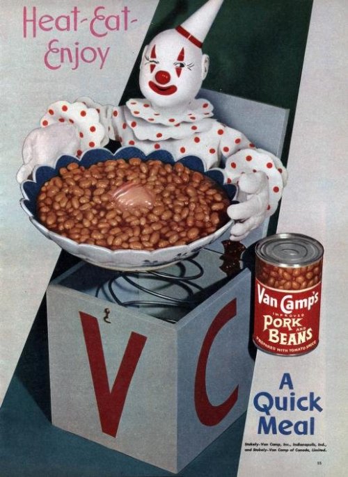 vintageadvertising:Creepy clown says “Beans are ready!” [1947]