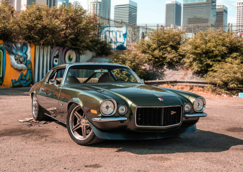 Just a little bit old school. Laura Wright’s pro-touring 1973 Chevrolet Camaro Z28, known as “Olive,