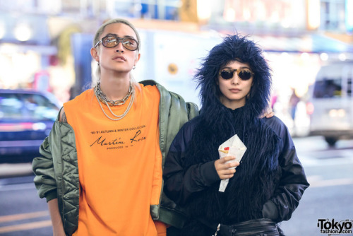Japanese designer YesB0wy and Japanese model Nana Momosaka on the street in Harajuku. He’s wea