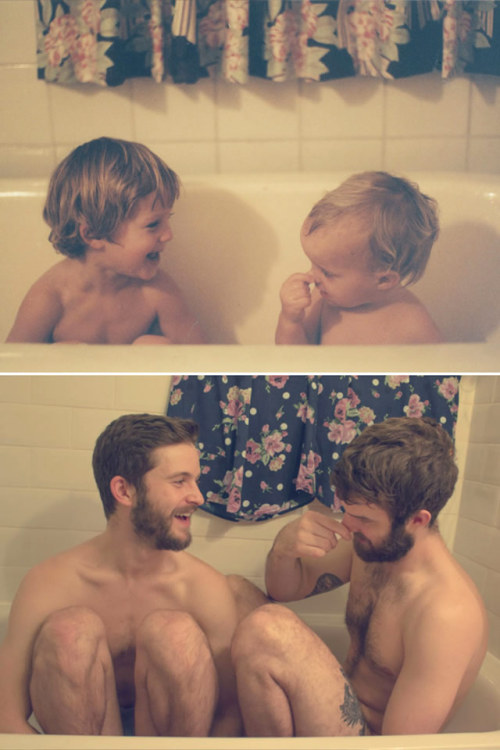 ink-its-art:owmeex:Two Brothers Re-Create Childhood Photos As A Priceless Gift To Their Mother (via 