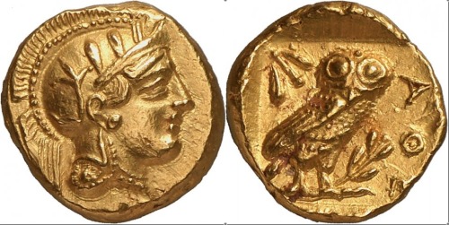 ancientcoins: An exceptionally rare gold stater of Athens, minted during the Peloponnesian War when 