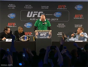 mma-gifs:  Conor McGregor steals title belt from Jose Aldo at Dublin press conference (x)  That was so great. I’m seriously looking forward to this fight.