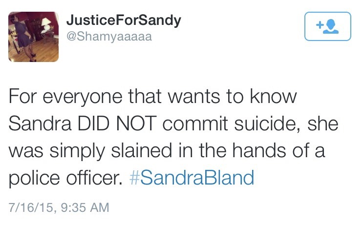 goldwomyn:Tweets from the cousin of Sandra Bland.   Say her name • black lives