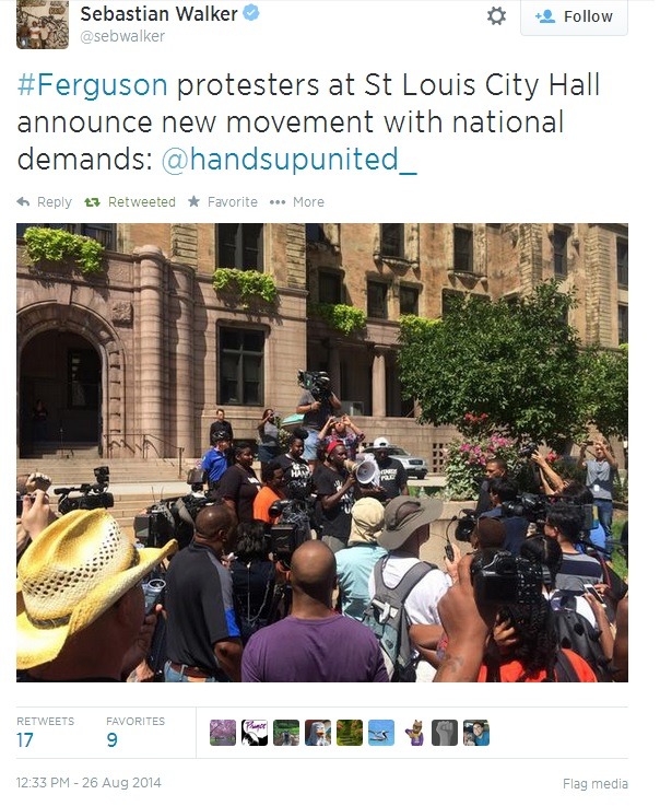 iwriteaboutfeminism:  Tuesday afternoon, Ferguson protesters march in downtown St.